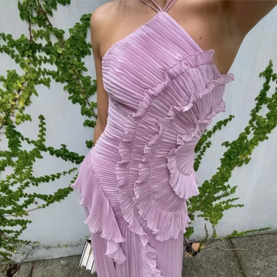 Elegant Women's Ruffle Pleated Maxi Dress